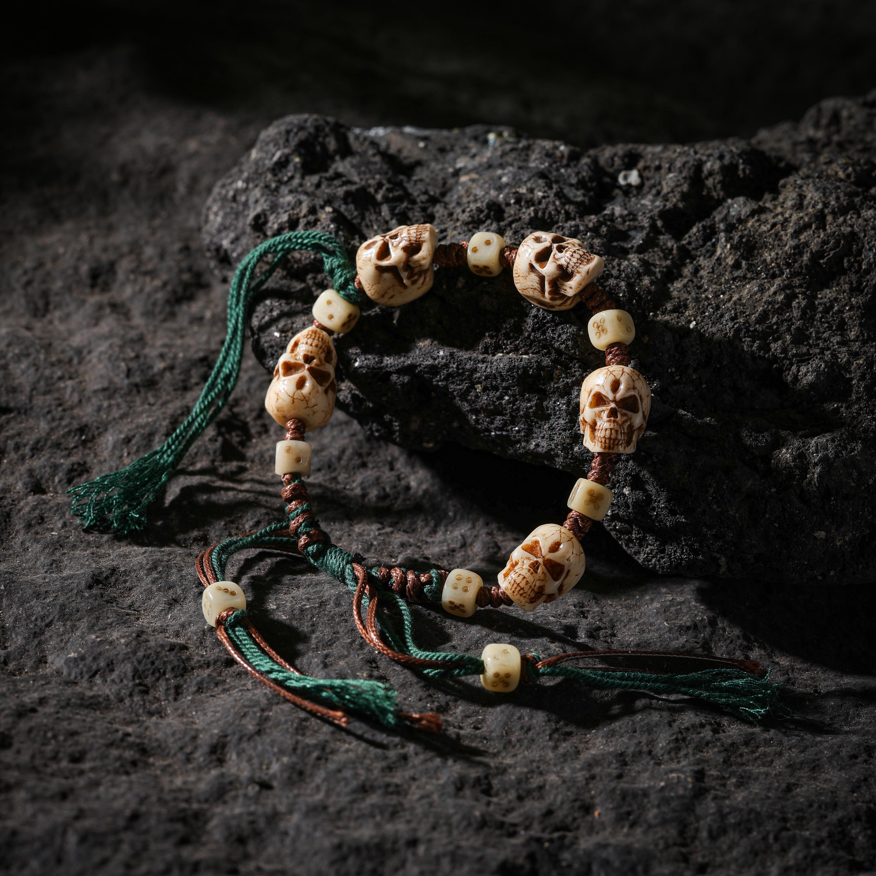 AURA DEER Yak Bone Carved Skull Bracelet Amulet