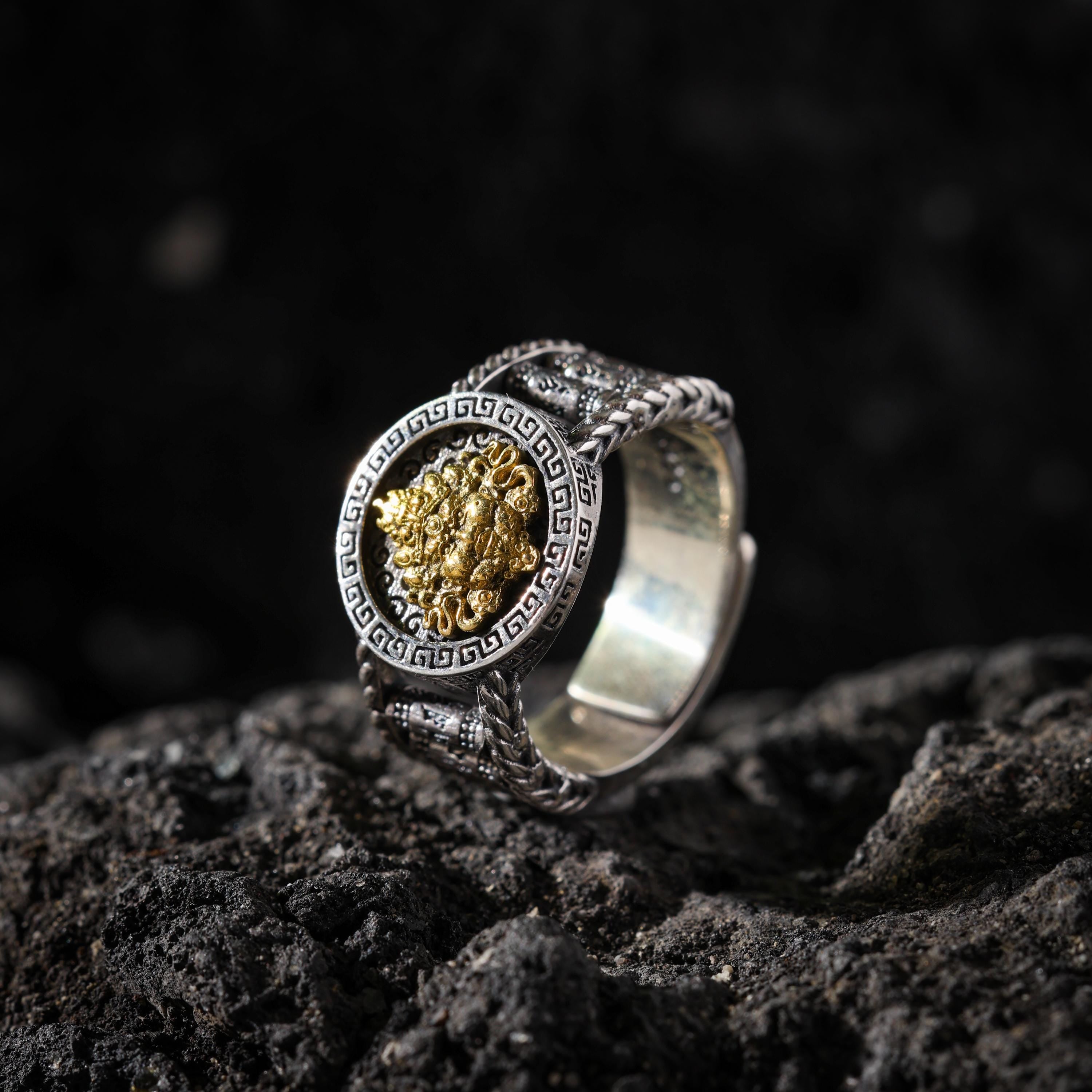 AURA DEER Yellow Jambhala Mantra Rotating Sterling Silver Ring