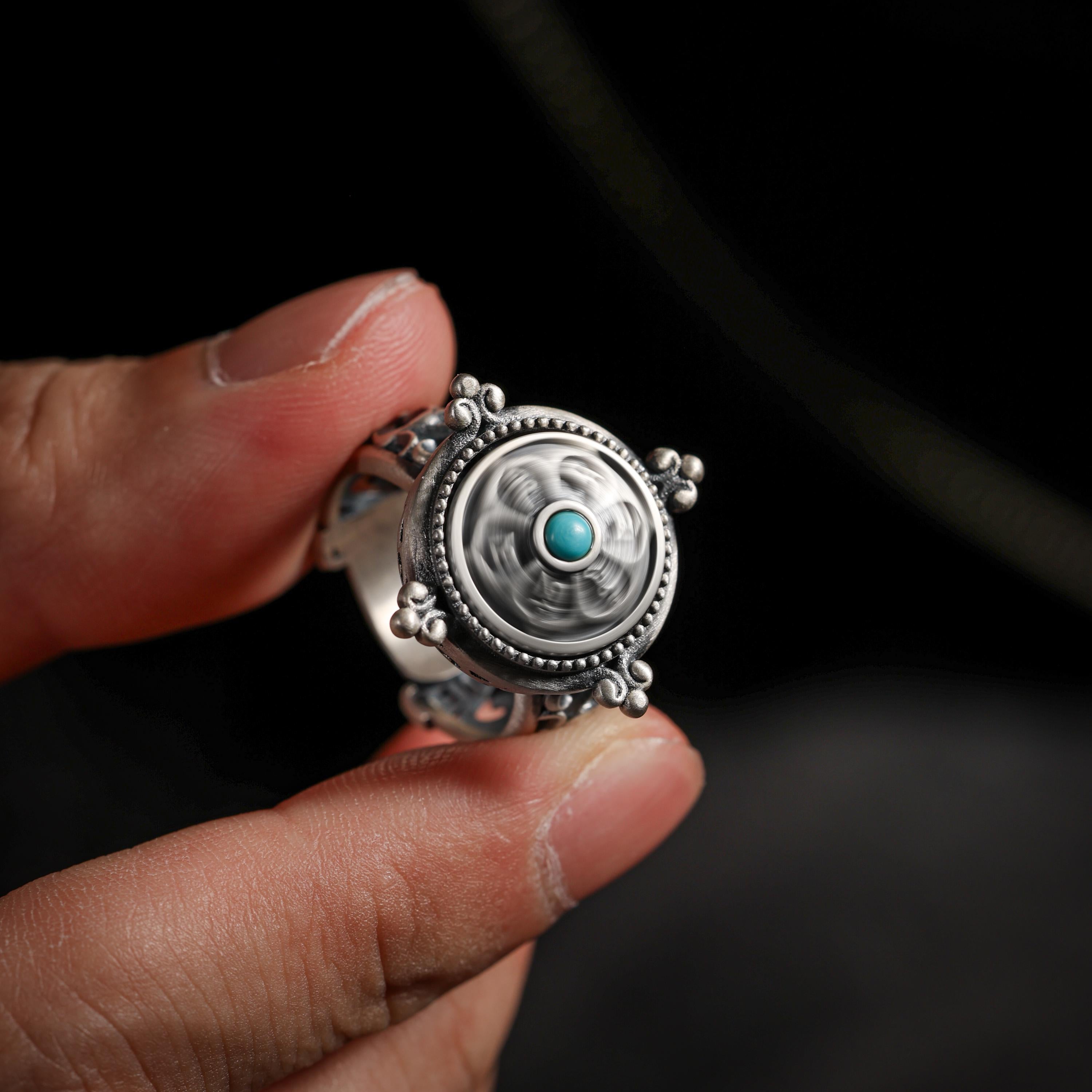 AURA DEER Six-Word Mantra Turquoise Rotating Sterling Silver Ring