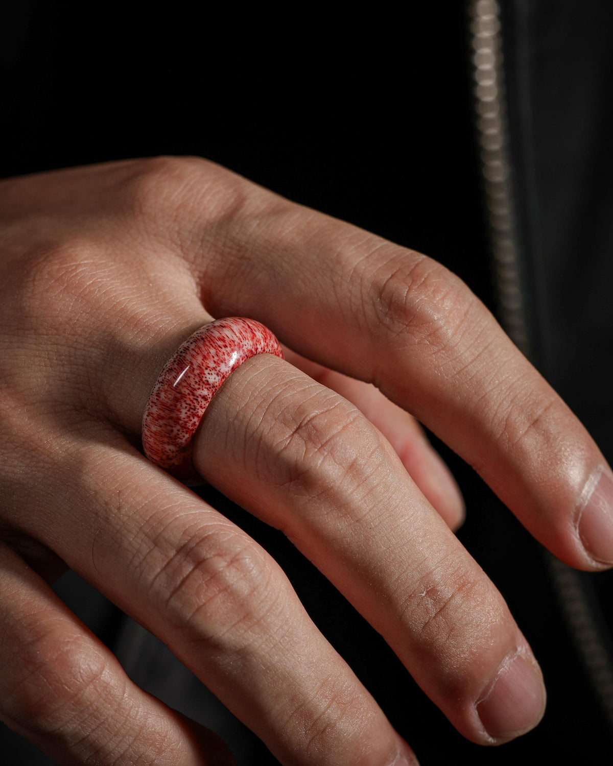 Crimson-Marbled Yak Bone Ring