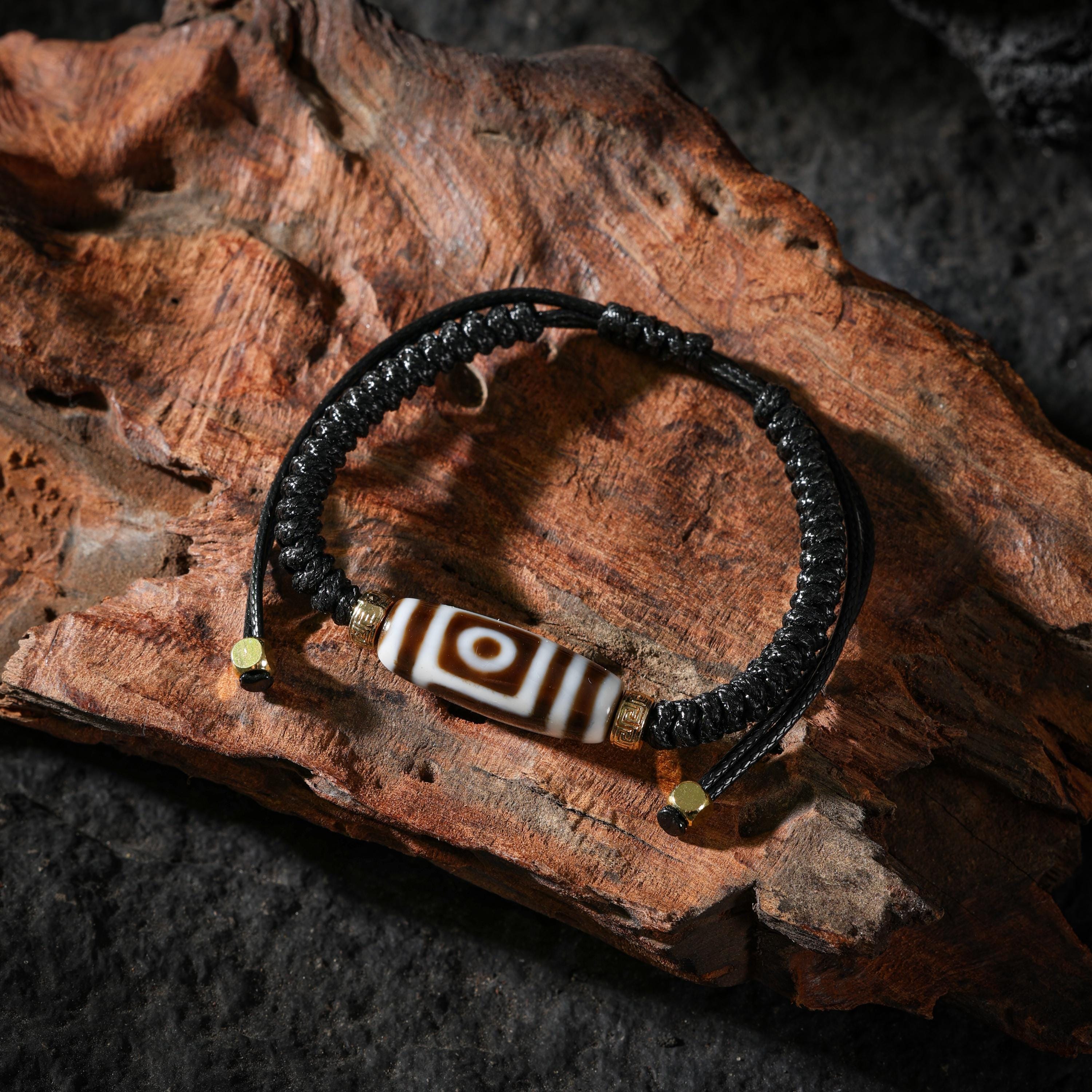 AURA DEER Two-Eye Dzi Agate Adjustable Cord Bracelet
