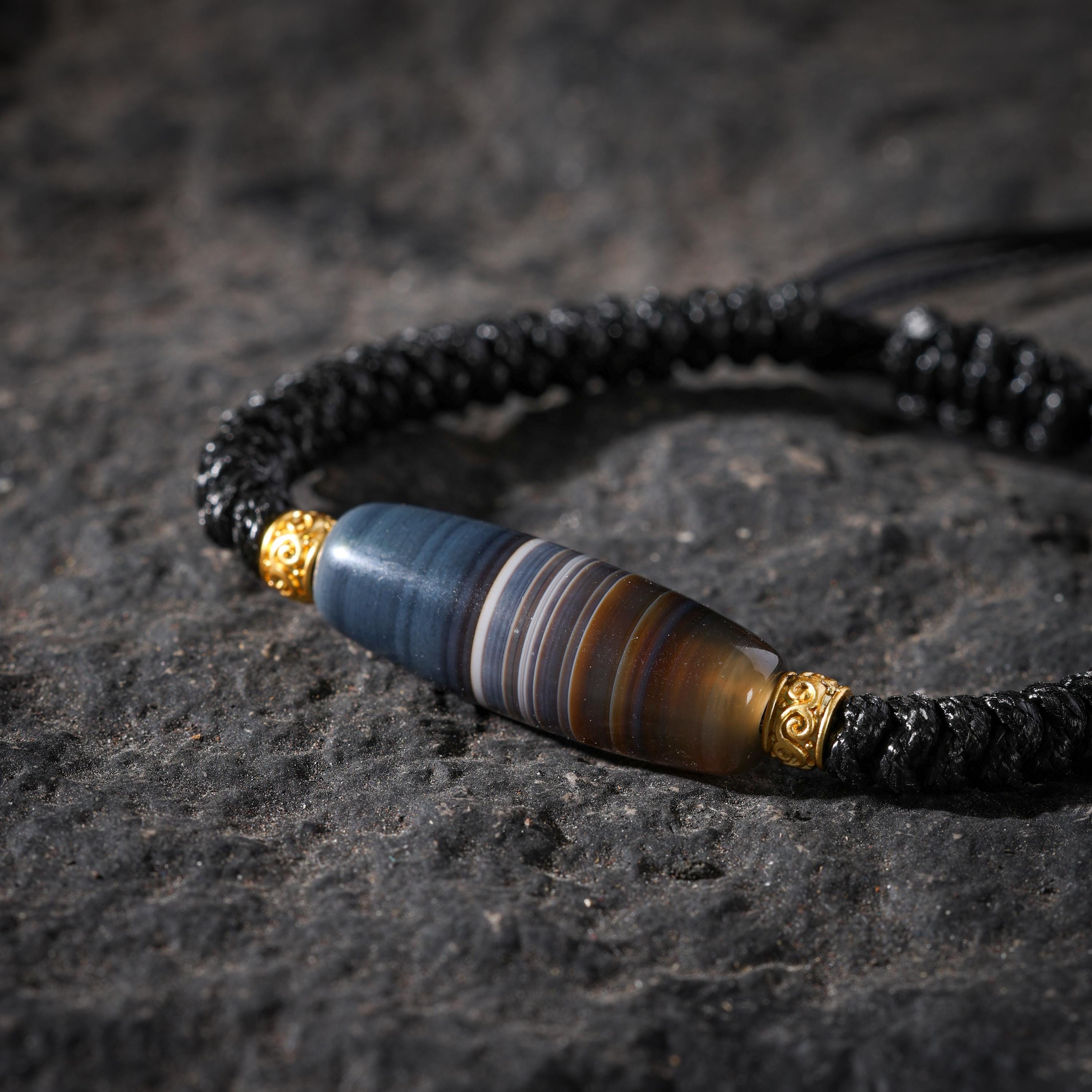 AURA DEER Banded Medicine Buddha Dzi Agate Adjustable Cord Bracelet