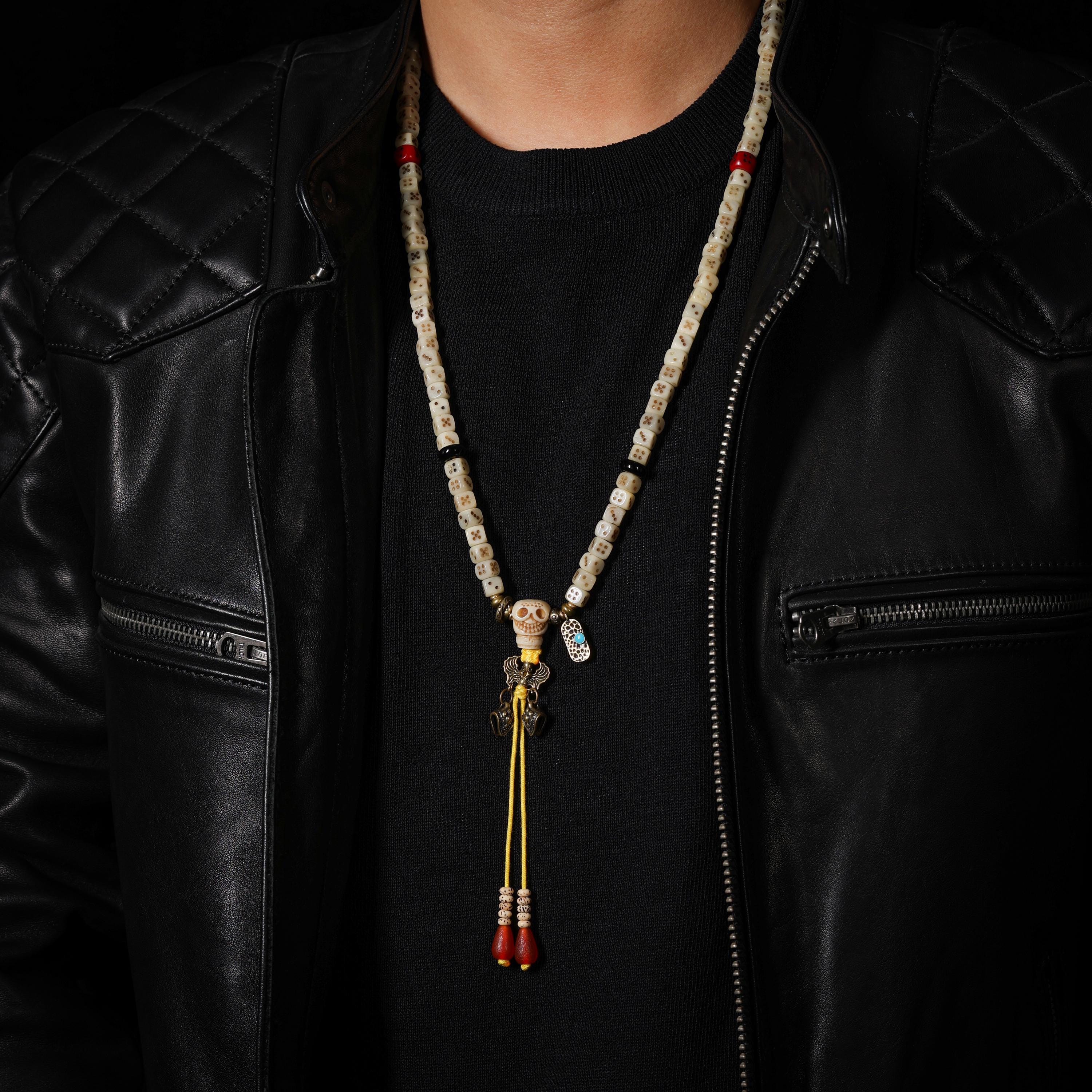 AURA DEER 108-Bead Yak Bone Dice Mala with Agate Accents