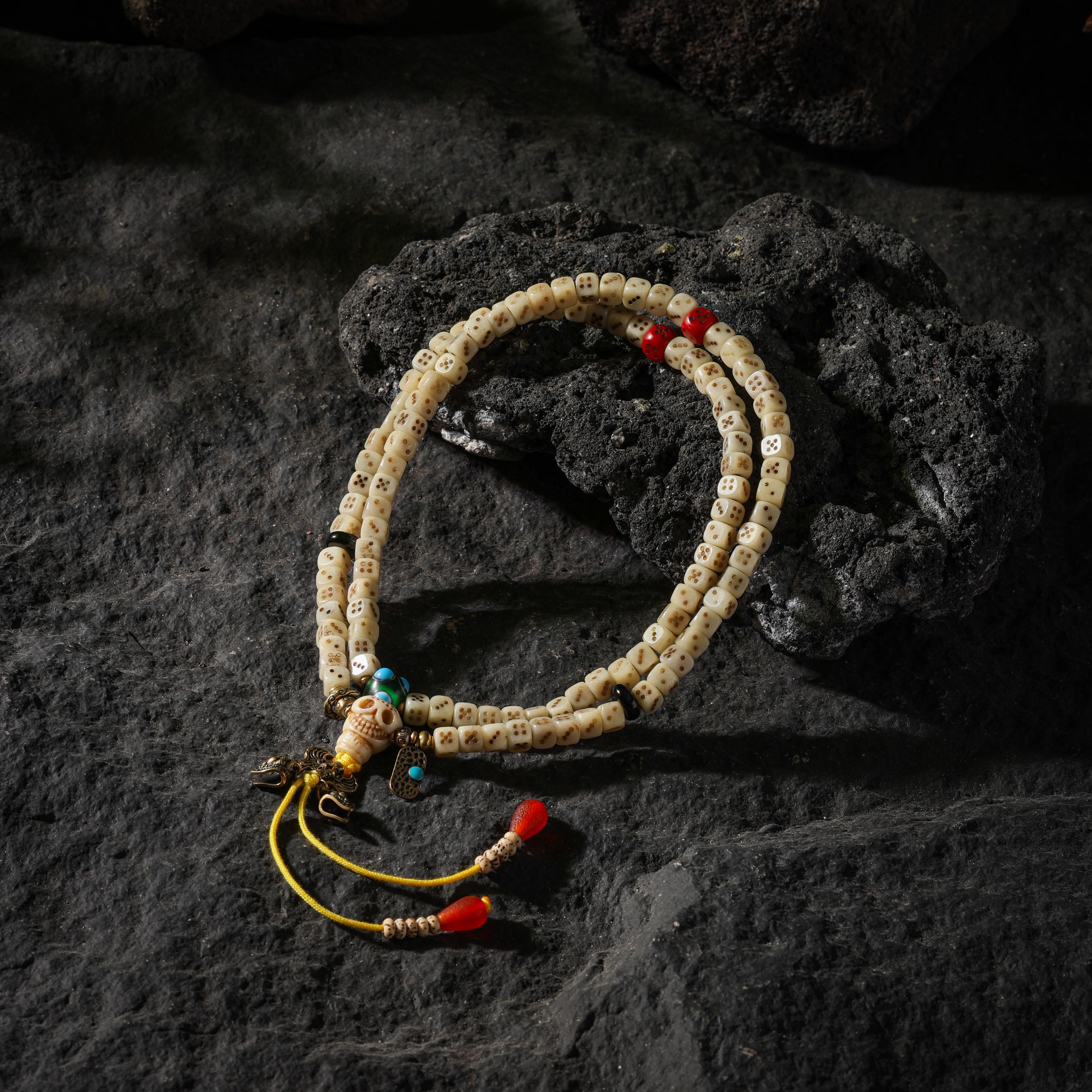 AURA DEER 108-Bead Yak Bone Dice Mala with Agate Accents