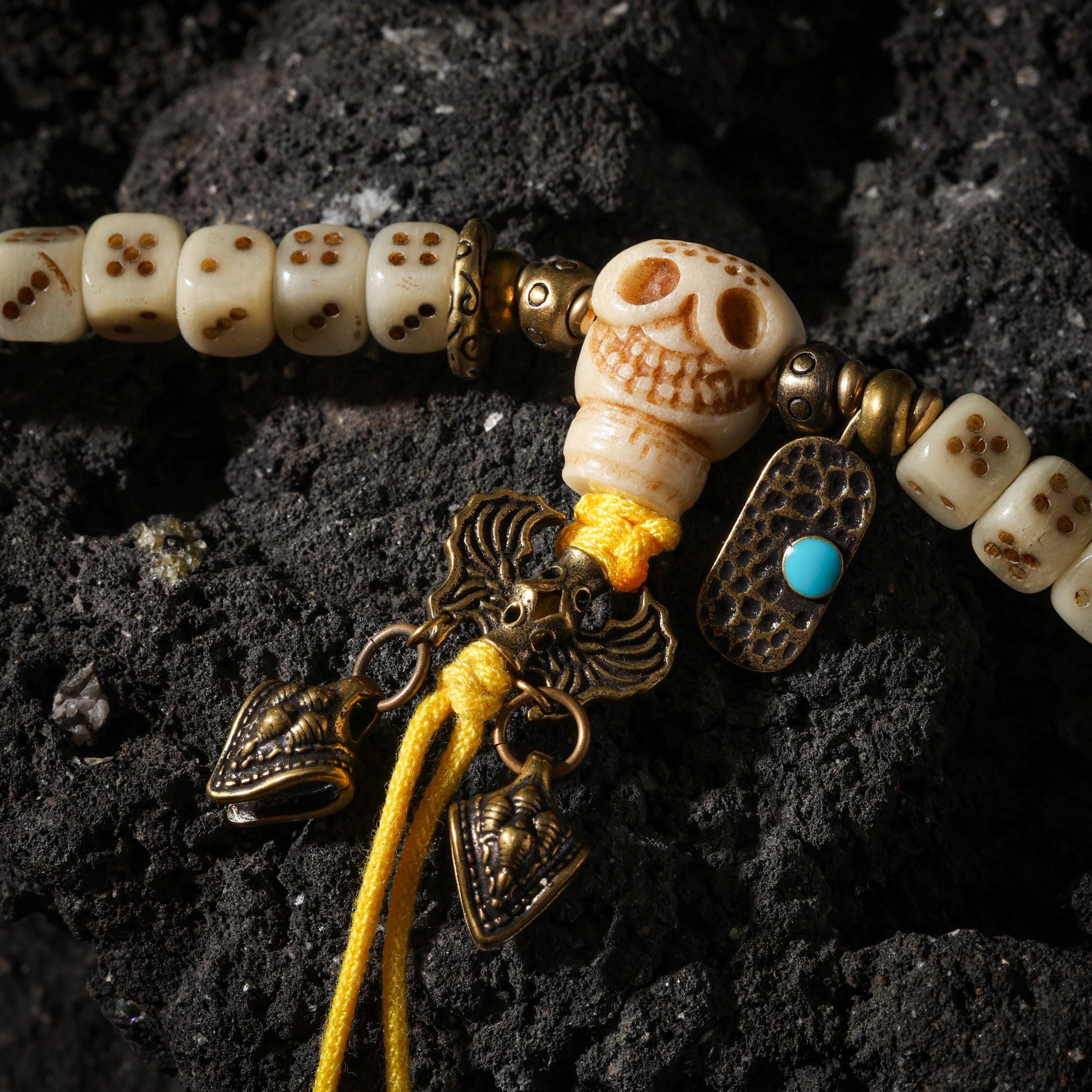 AURA DEER 108-Bead Yak Bone Dice Mala with Agate Accents