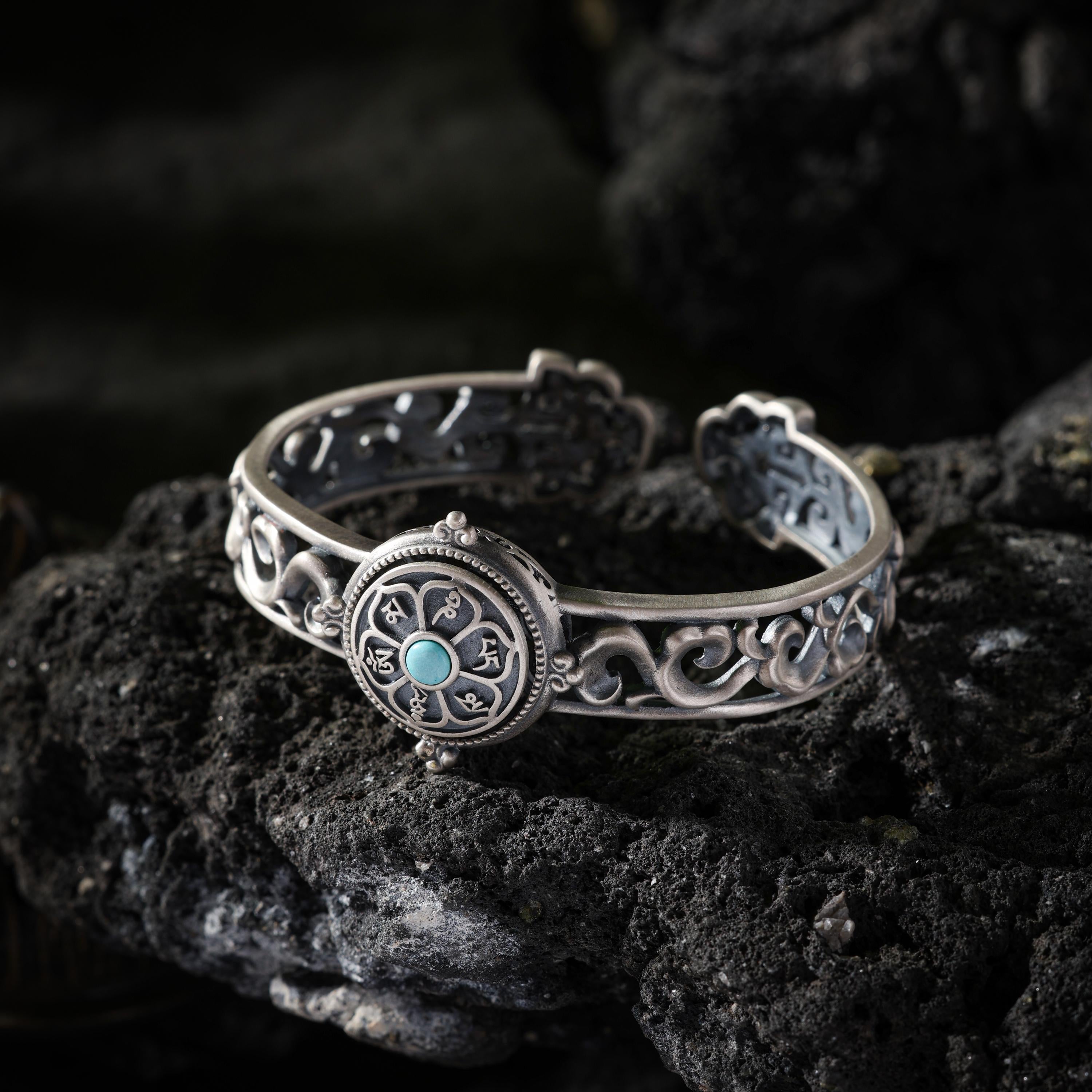 AURA DEER Rotating Six-Word Mantra Turquoise Sterling Silver Cuff Bracelet