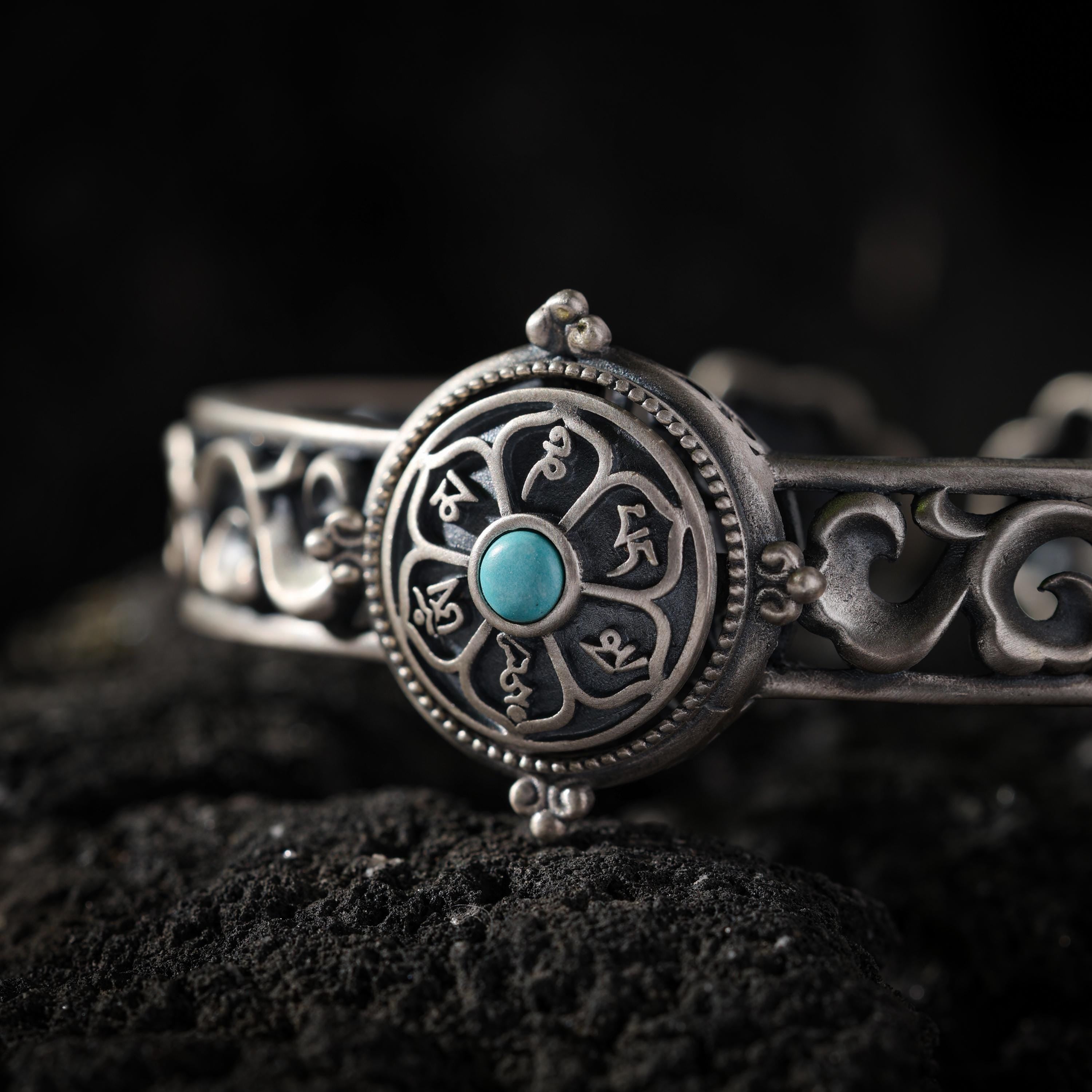AURA DEER Rotating Six-Word Mantra Turquoise Sterling Silver Cuff Bracelet