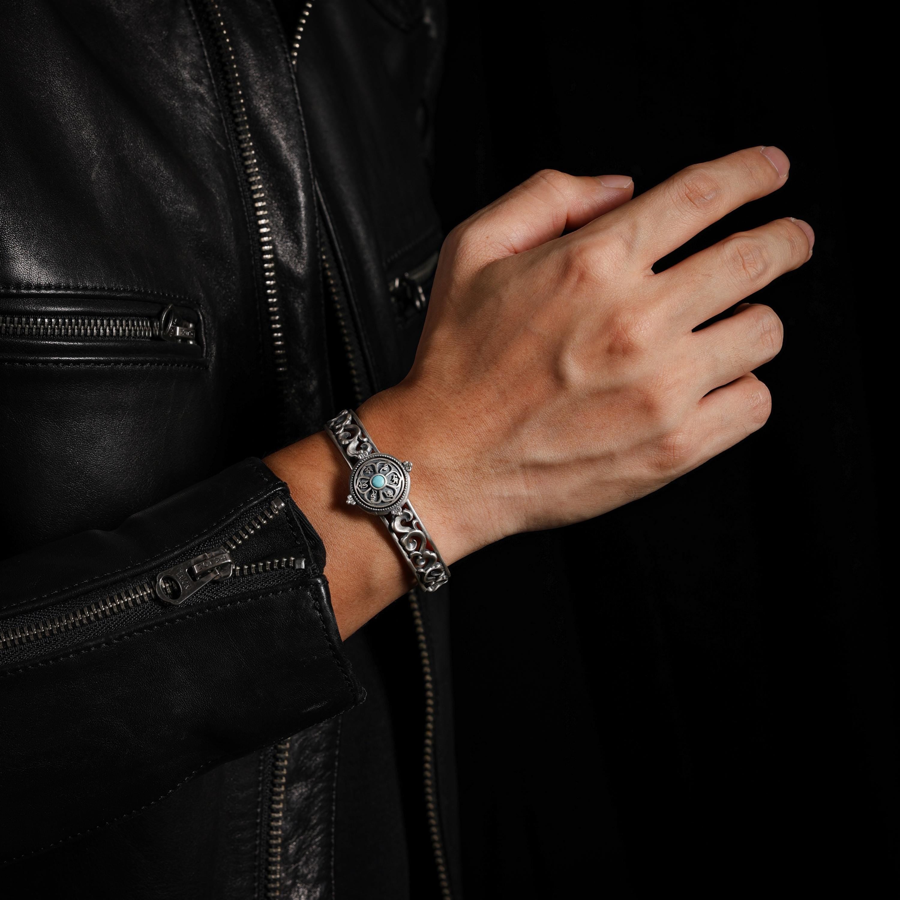 AURA DEER Rotating Six-Word Mantra Turquoise Sterling Silver Cuff Bracelet