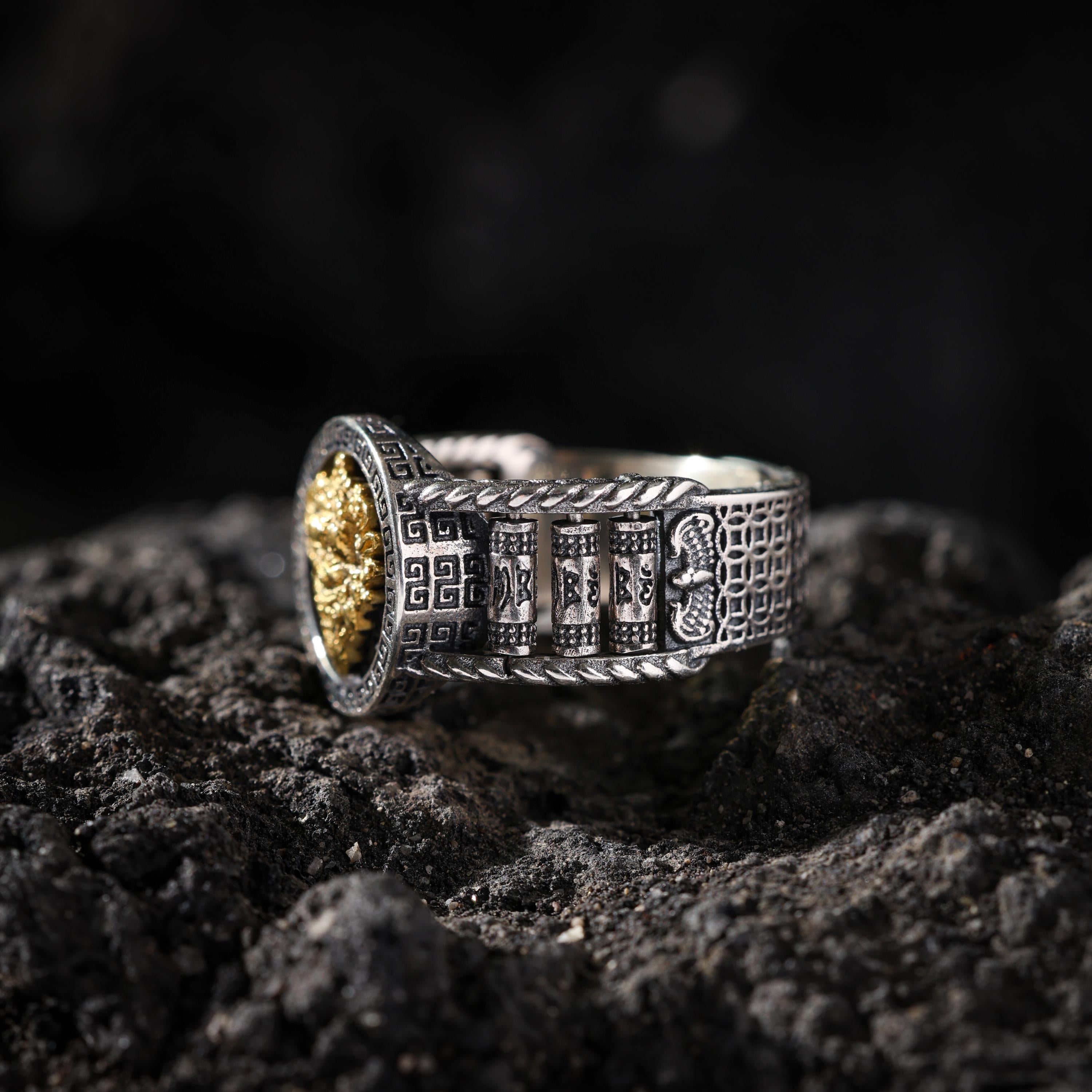 AURA DEER Yellow Jambhala Mantra Rotating Sterling Silver Ring