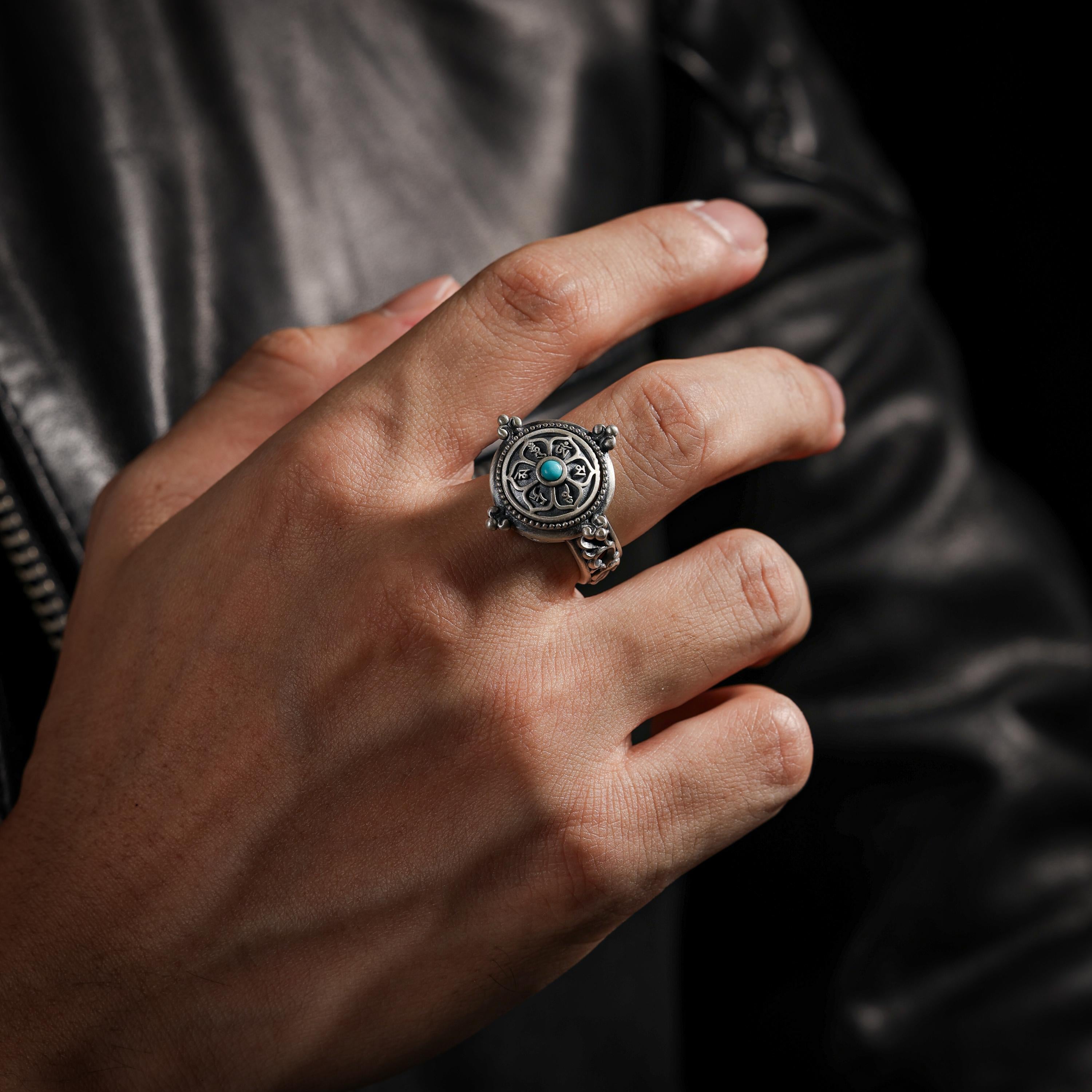 AURA DEER Six-Word Mantra Turquoise Rotating Sterling Silver Ring