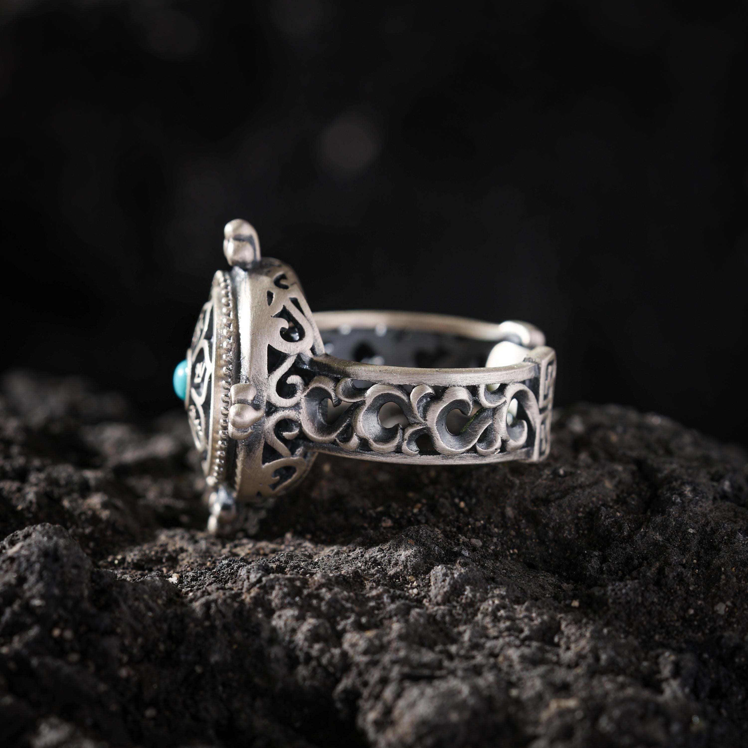 AURA DEER Six-Word Mantra Turquoise Rotating Sterling Silver Ring