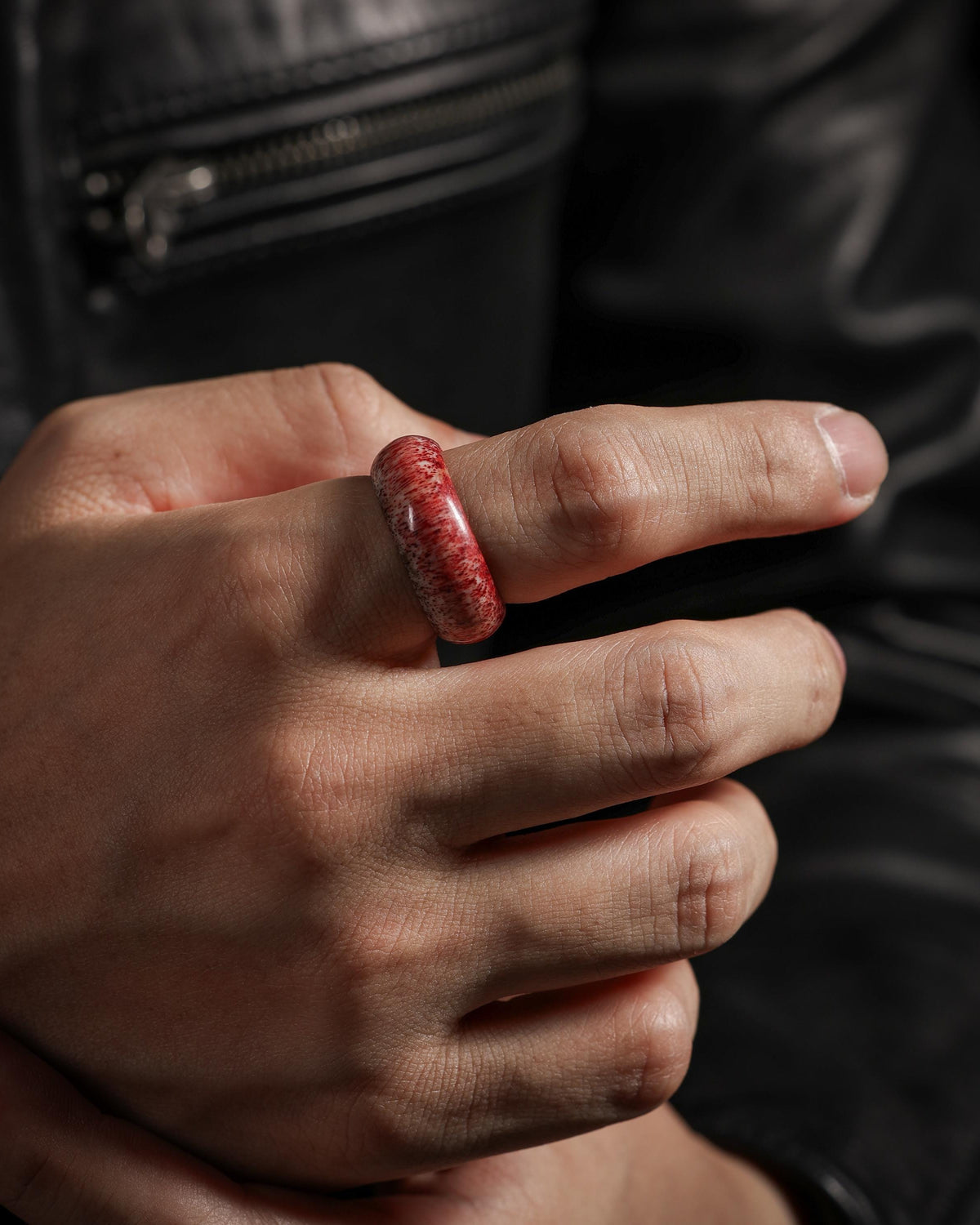 Crimson-Marbled Yak Bone Ring-5