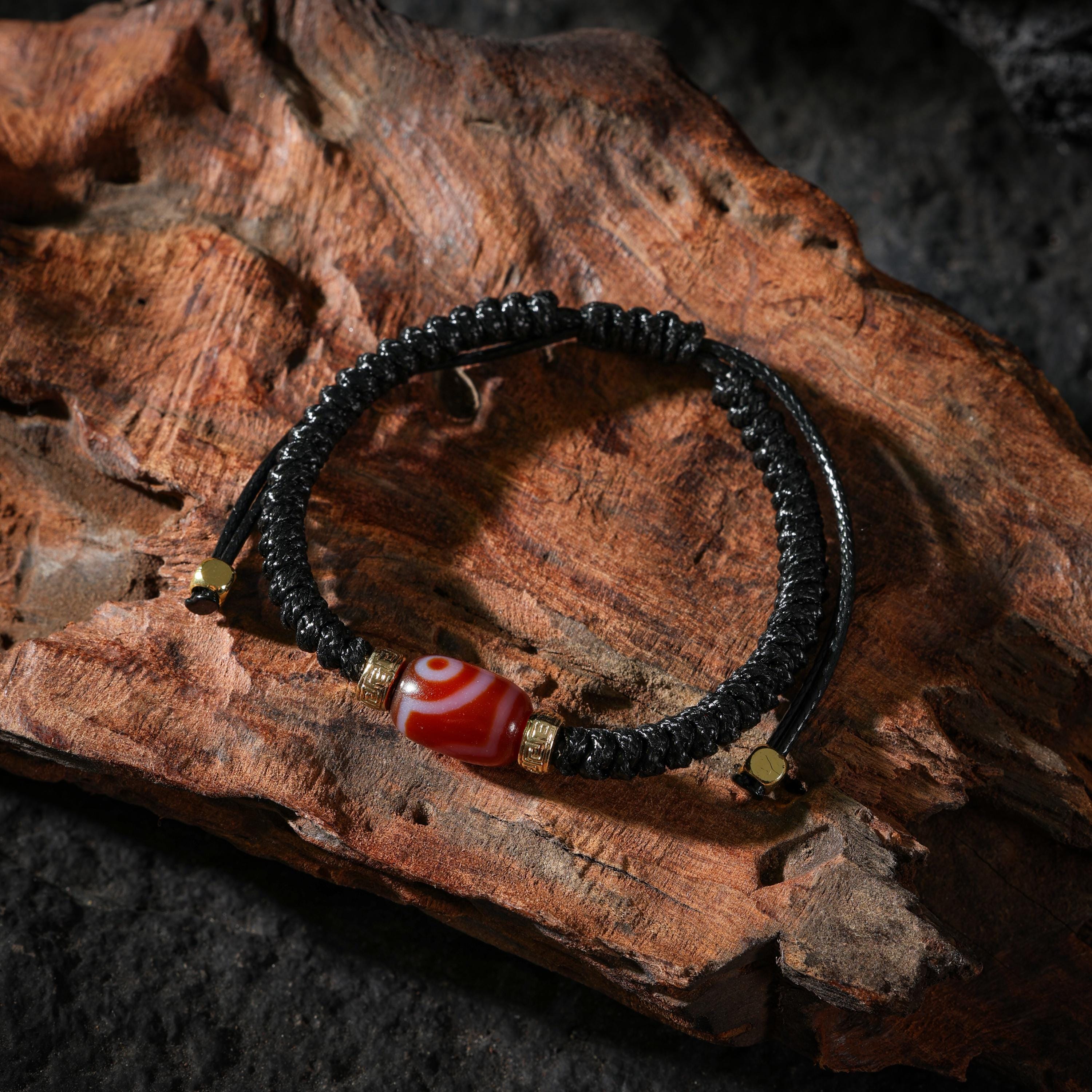 AURA DEER Two-Eye Dzi Agate Adjustable Cord Bracelet