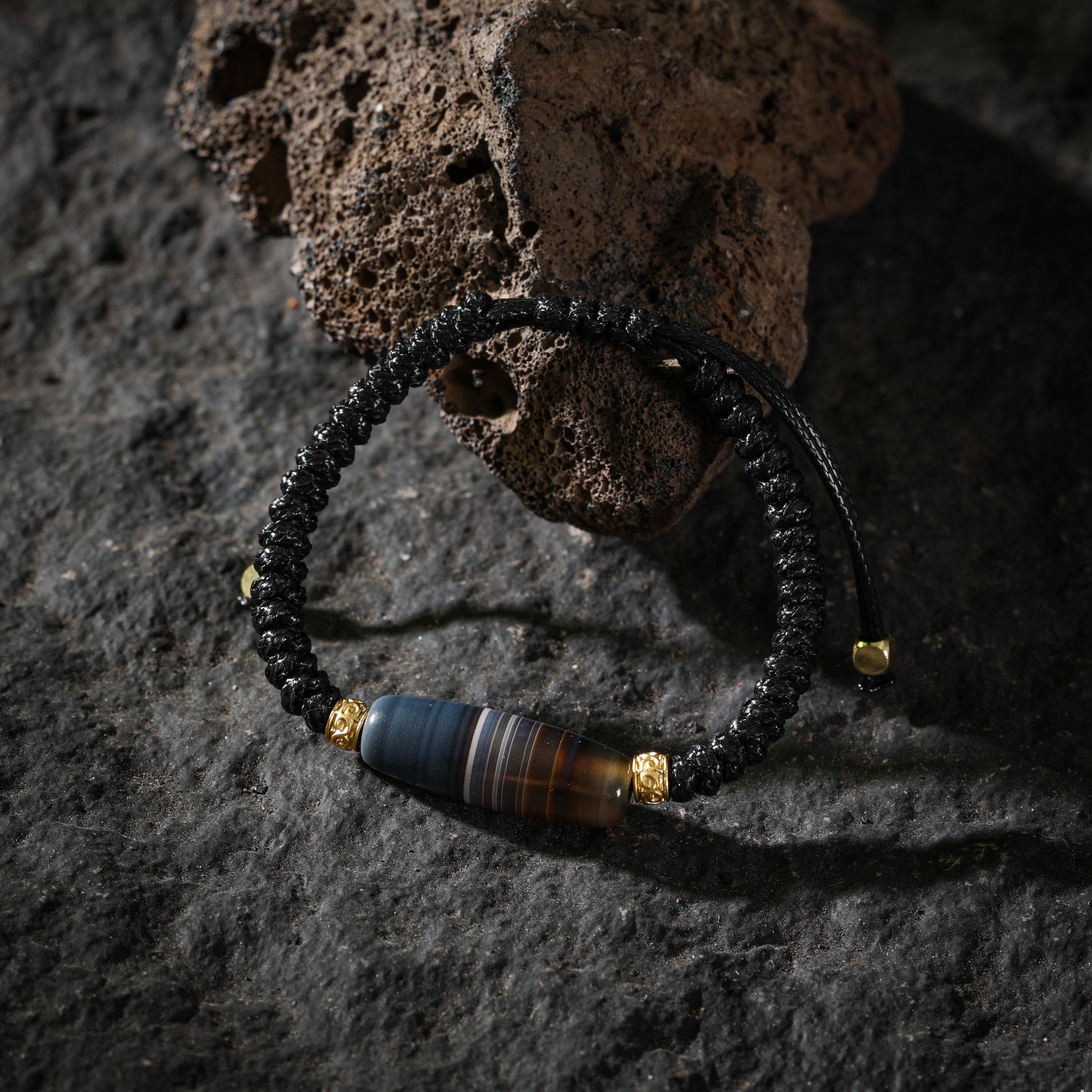 AURA DEER Banded Medicine Buddha Dzi Agate Adjustable Cord Bracelet