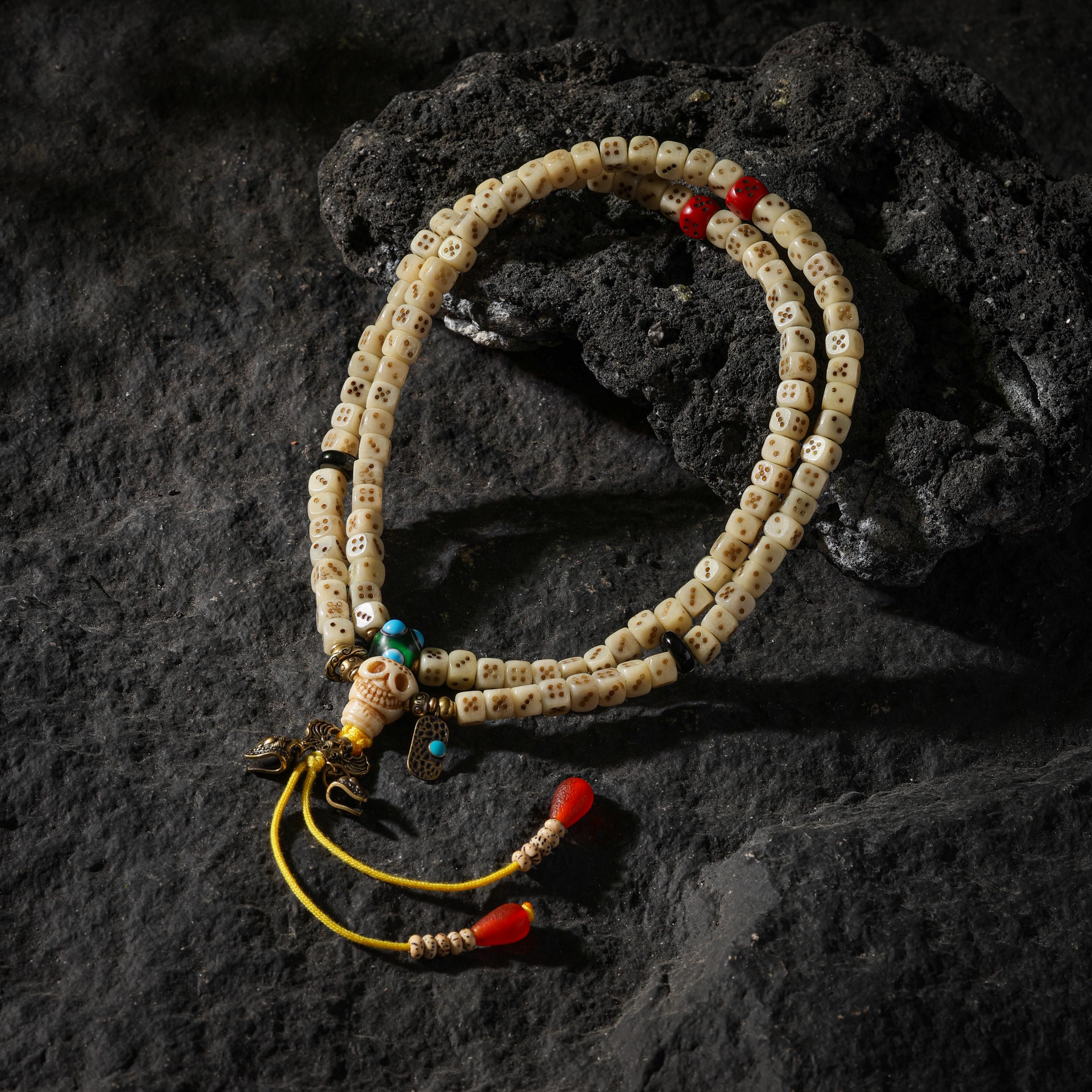 AURA DEER 108-Bead Yak Bone Dice Mala with Agate Accents