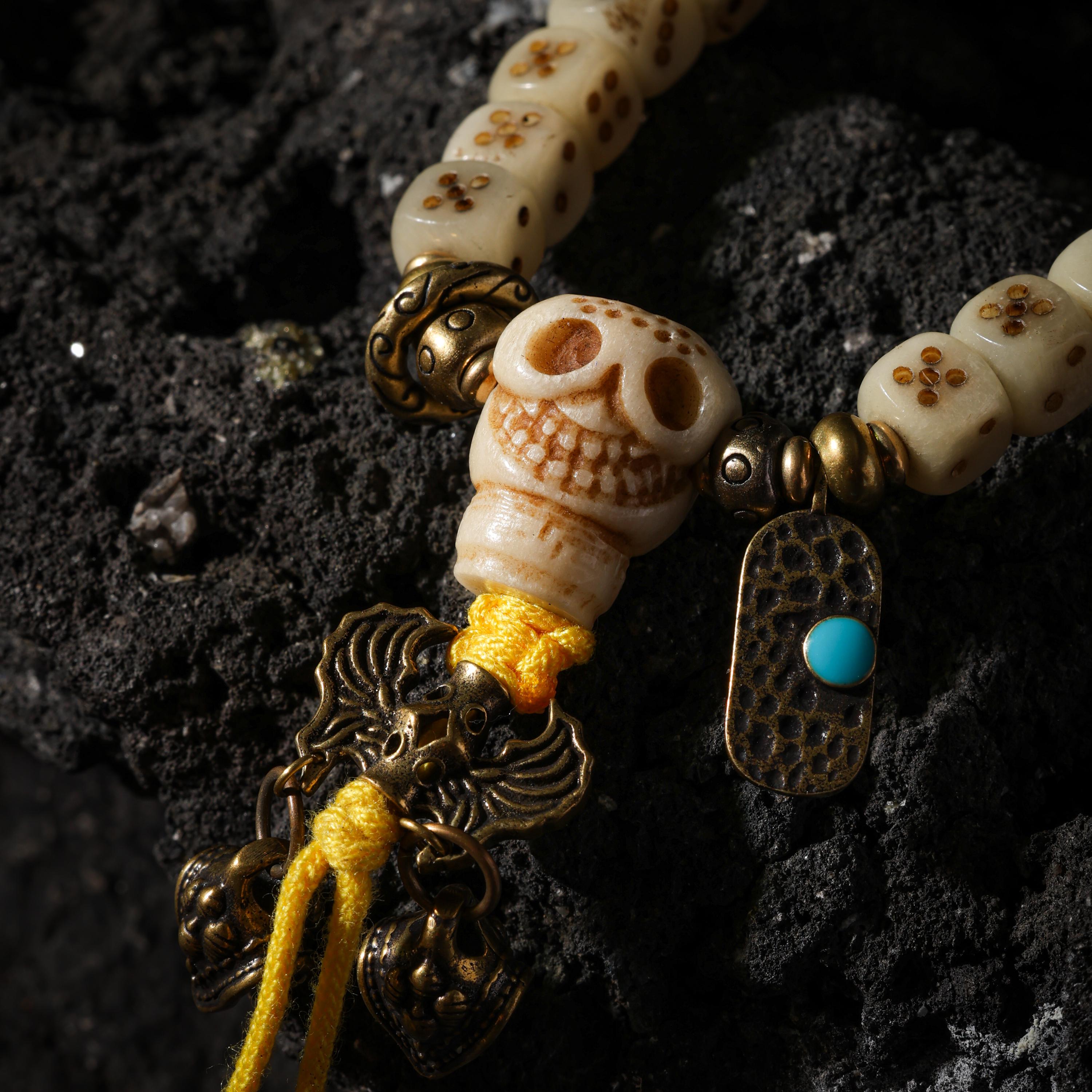 AURA DEER 108-Bead Yak Bone Dice Mala with Agate Accents
