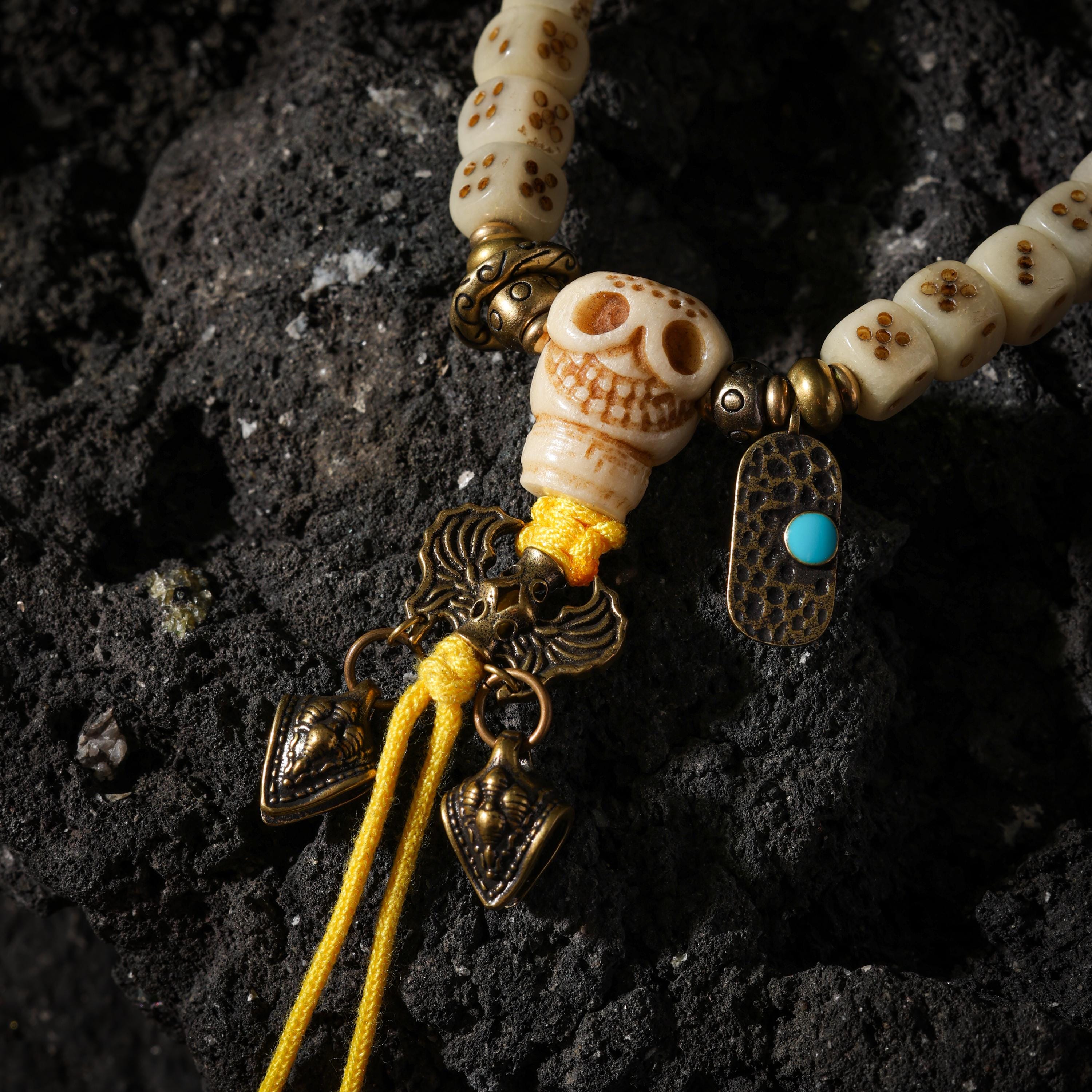 AURA DEER 108-Bead Yak Bone Dice Mala with Agate Accents
