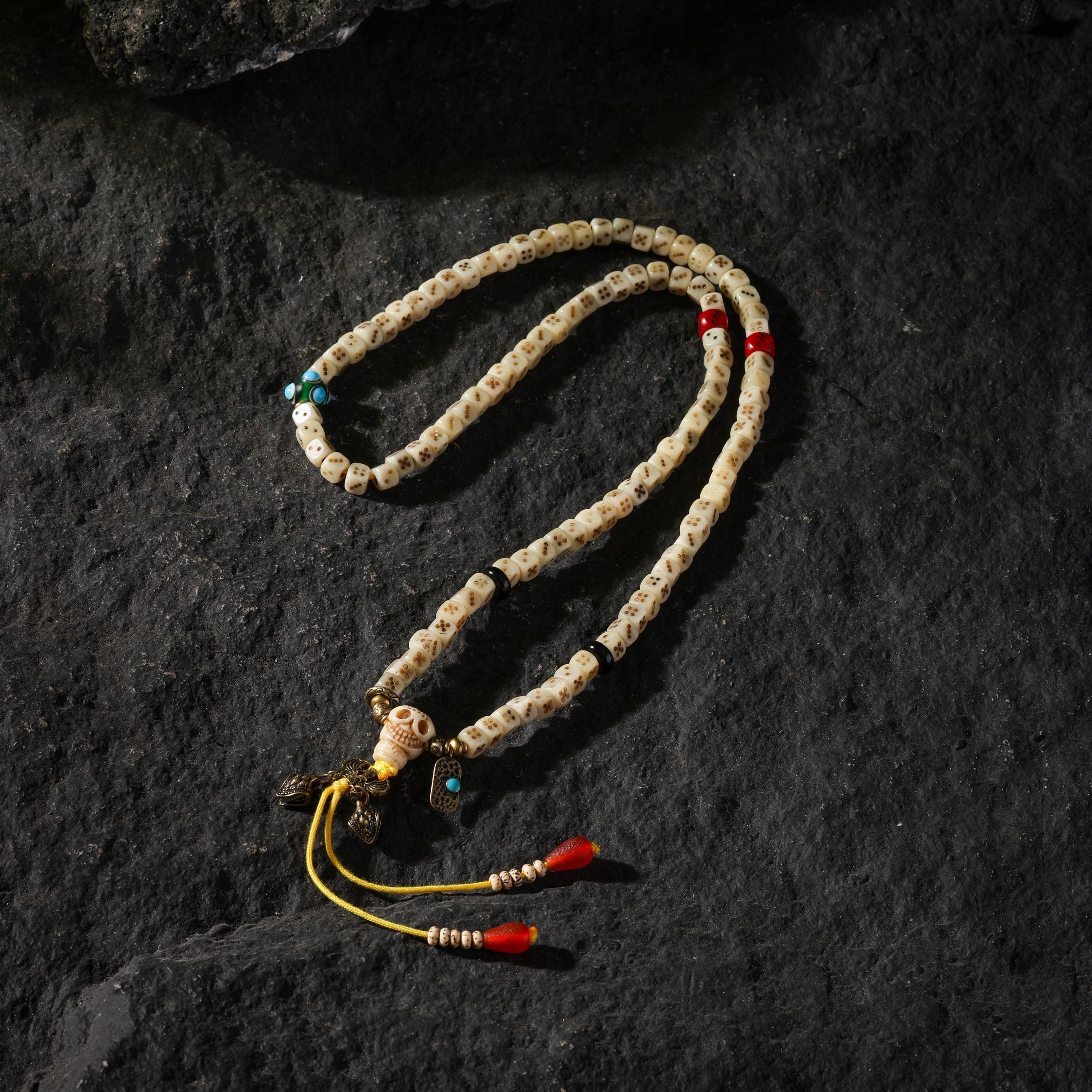 AURA DEER 108-Bead Yak Bone Dice Mala with Agate Accents