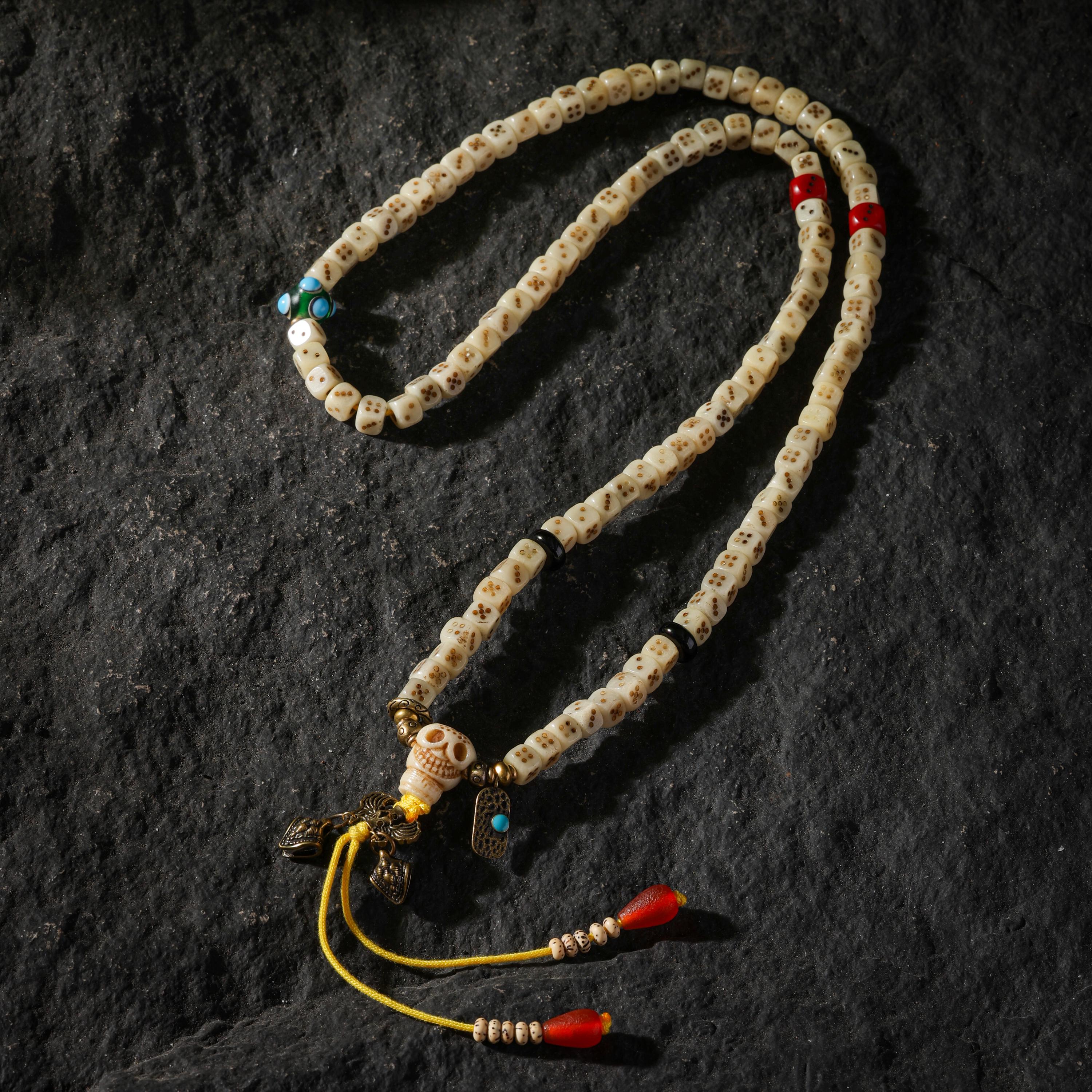 AURA DEER 108-Bead Yak Bone Dice Mala with Agate Accents