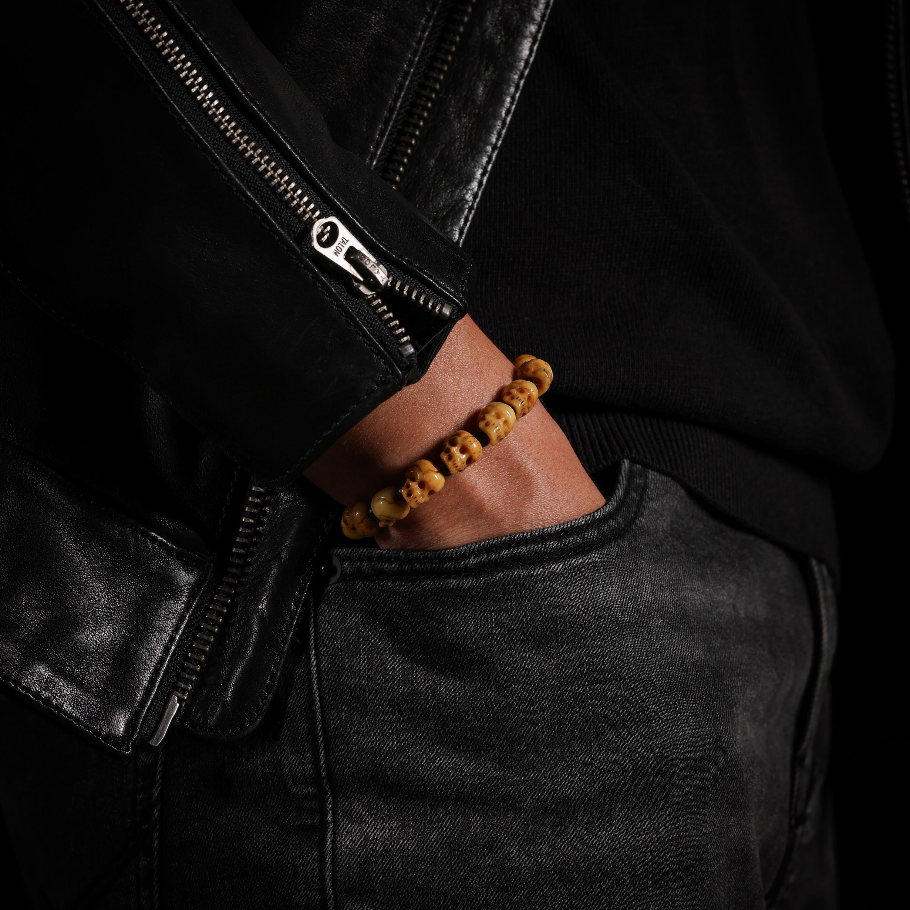 AURA DEER Hand-Carved Yak Bone Skull and Black Agate Bracelet