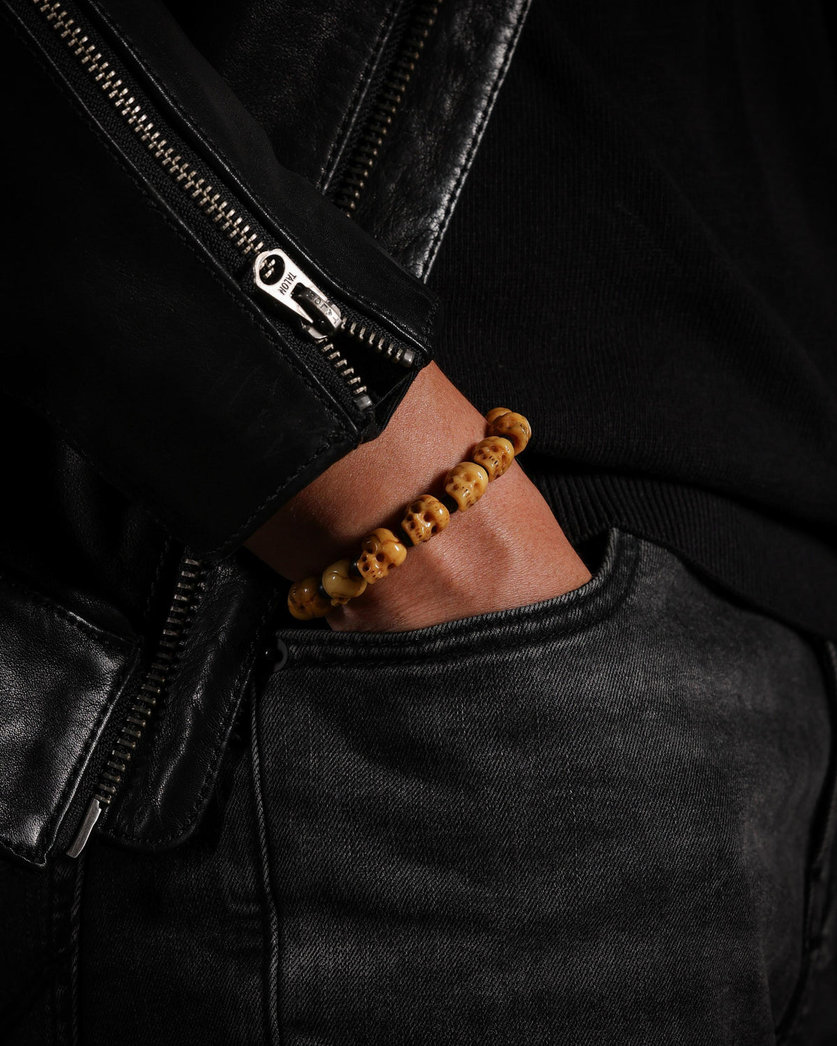 Yak Bone Skull and Black Agate Bracelet