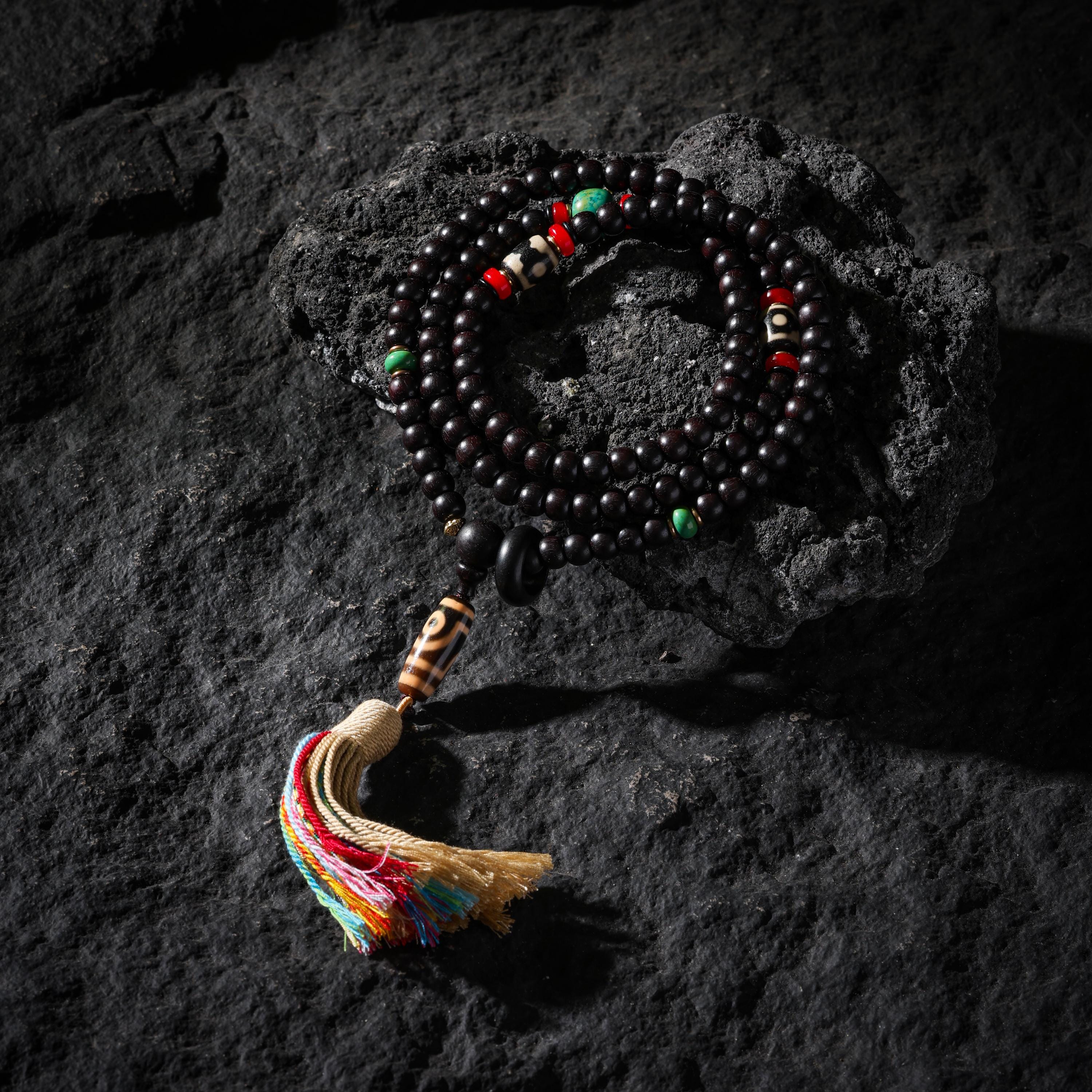 AURA DEER Bodhi Seed Dzi Turquoise & Red Agate 108-Bead Mala