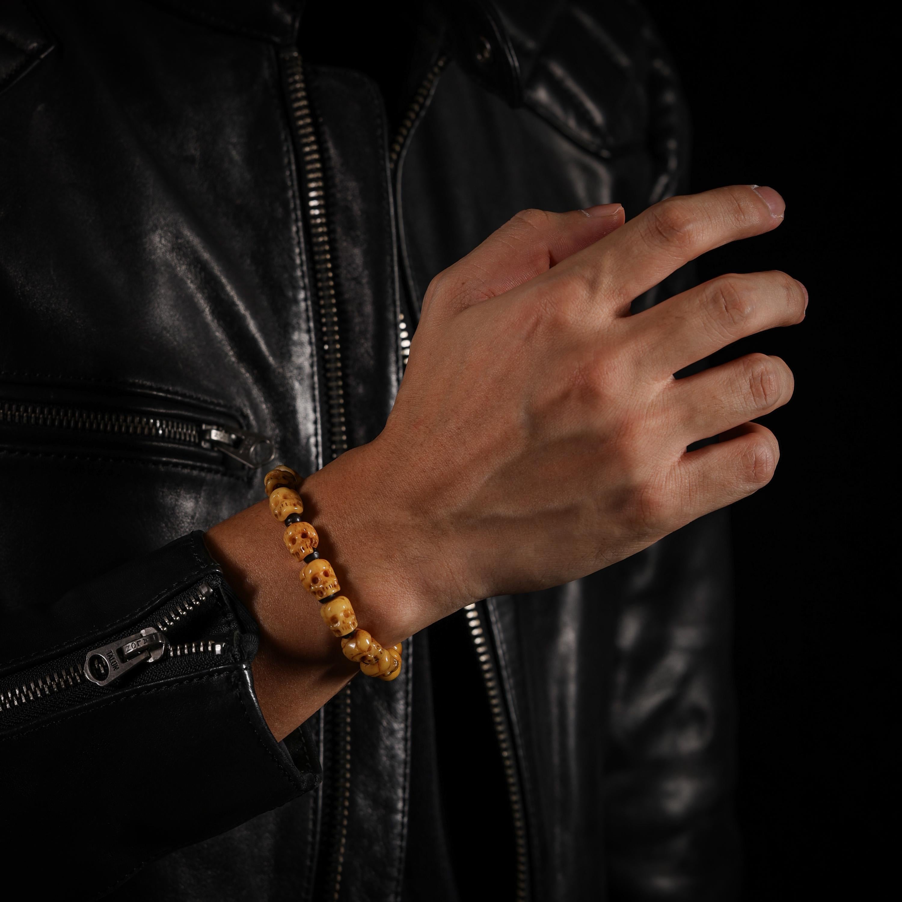 AURA DEER Hand-Carved Yak Bone Skull and Black Agate Bracelet