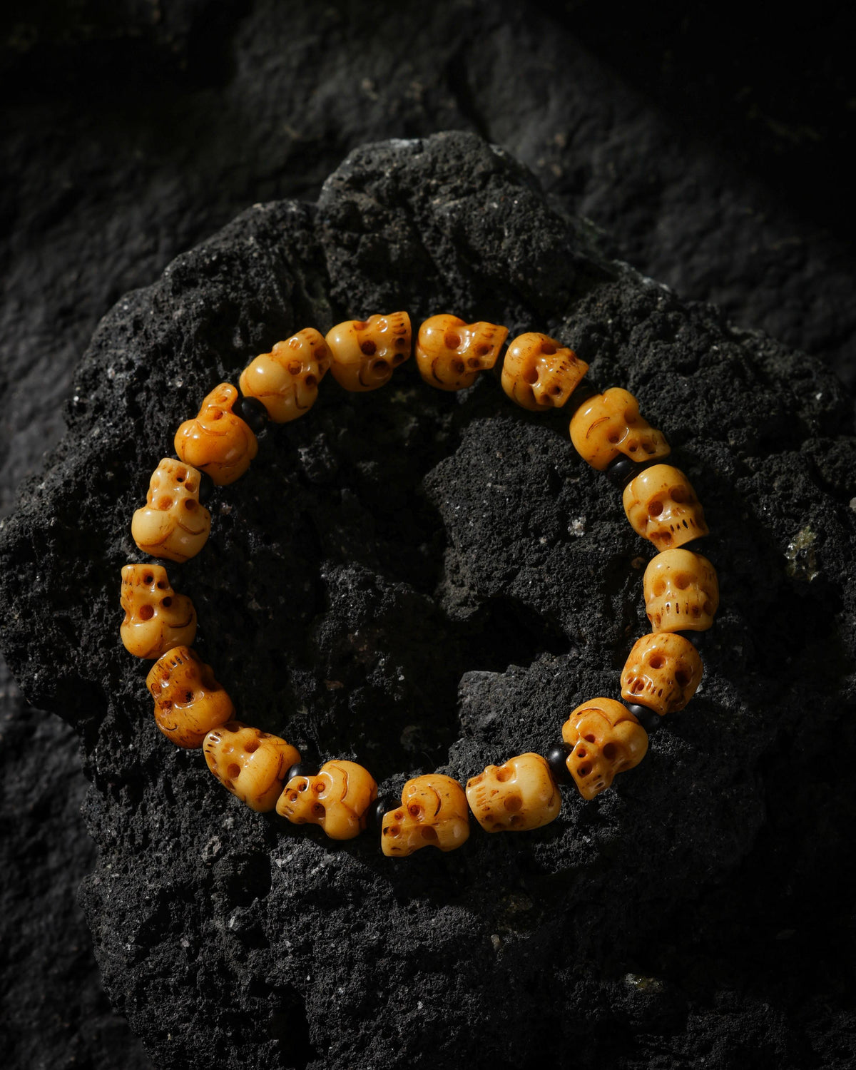 Yak Bone Skull and Black Agate Bracelet