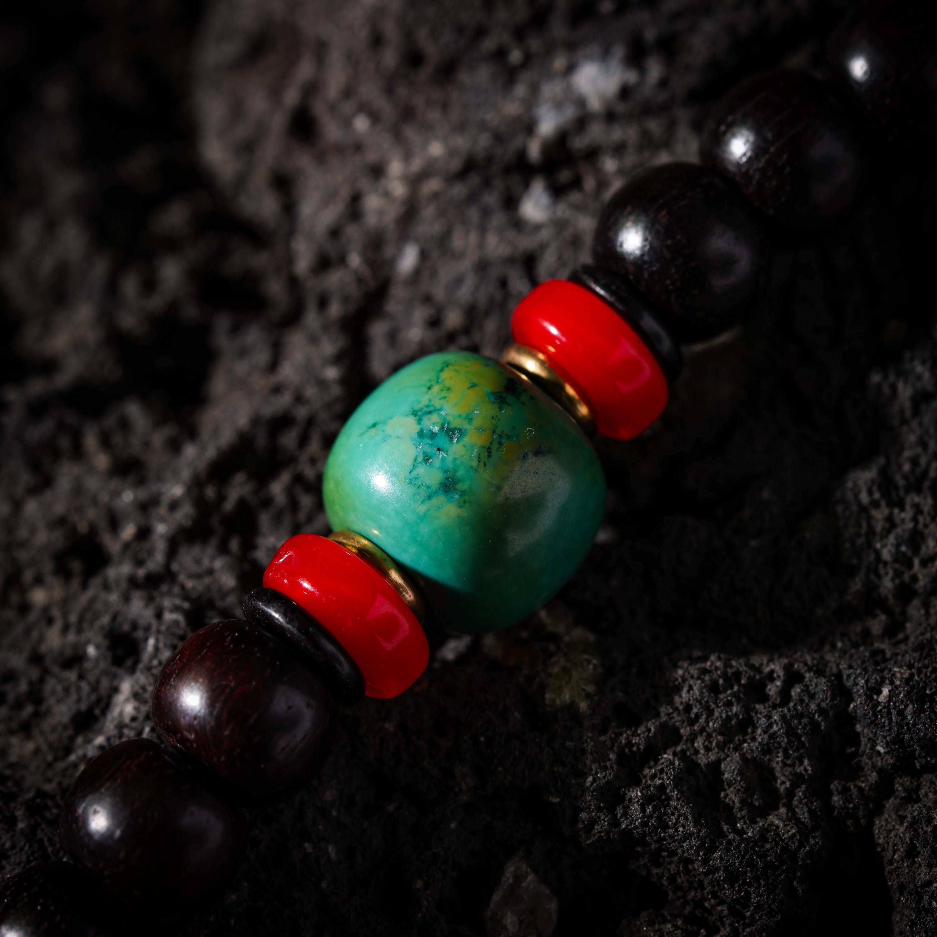 AURA DEER Bodhi Seed Dzi Turquoise & Red Agate 108-Bead Mala