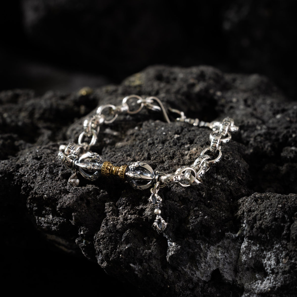 AURA DEER® Sterling Silver & Brass Vajra Bracelet Tibetan Protection Talisman